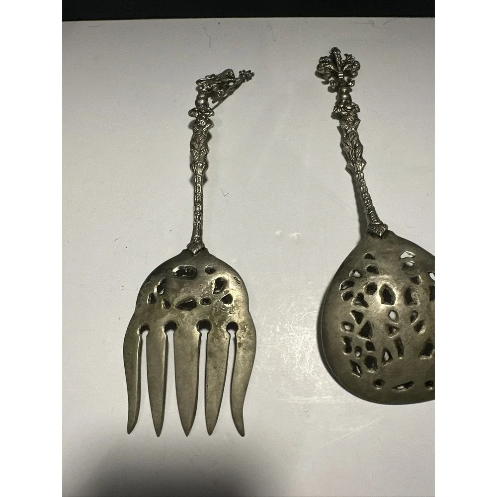 Silverplate Cherub Angel Cupid Serving Fork & Spoon Intricate Pattern 9.5